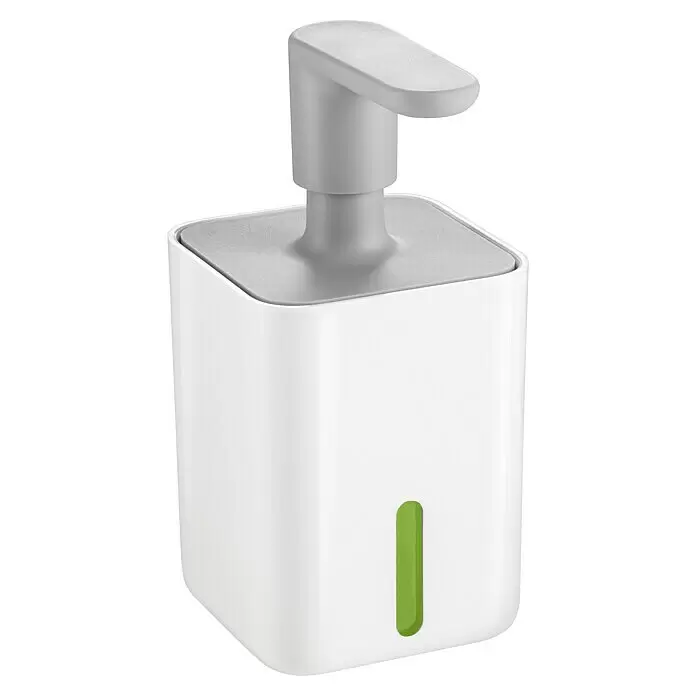 Tescoma Spenderpumpe Puro - Weiß, 400 ml - Weißer, quadratischer Seifenspender mit grauem Pumpkopf und grünem Füllstandsanzeiger.
