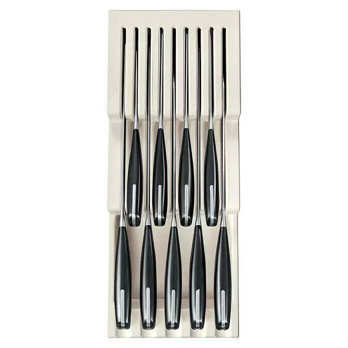 Besteckkasten Flexi Space - 37 x 14,8 x 6,5 cm, Weiß - Set aus neun Fonduegabeln mit schwarzen ergonomischen Griffen und silbernen Schäften in einem cremefarbenen Halter.