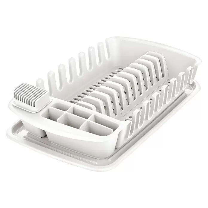 Tescoma Geschirrkorb Clean Kit - L x B x H: 47 x 27 x 10 cm, Kunststoff, Weiß - Weißes Kunststoff-Abtropfgestell mit Tellerschlitzen und Besteckfächern auf einer Abtropfschale.
