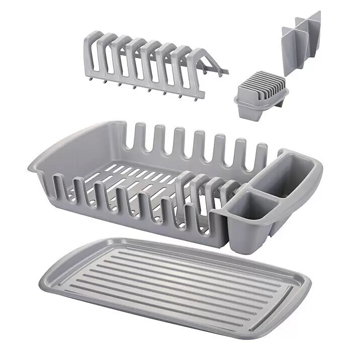 Tescoma Geschirrkorb Clean Kit - L x B x H: 47 x 27 x 10 cm, Kunststoff, Grau - Zerlegbares graues Kunststoff-Abtropfgestell-Set mit Hauptkorb, Besteckhalter, Tellerhalter und Abtropfschale.