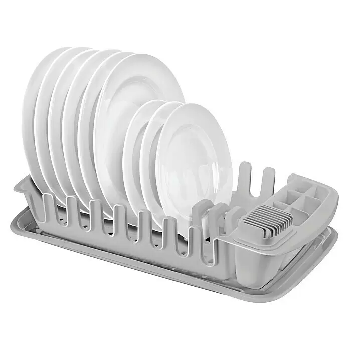 Tescoma Geschirrkorb Clean Kit - L x B x H: 47 x 27 x 10 cm, Kunststoff, Grau - Weiße Teller trocknen in einem grauen Kunststoff-Abtropfgestell mit Besteckfächern.