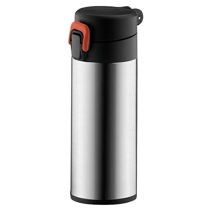 Tescoma Thermoflasche Constant - Fassungsvermögen: 0,3 l - Edelstahl-Thermoskanne mit schwarzem Deckel und orangefarbenem Druckknopf.