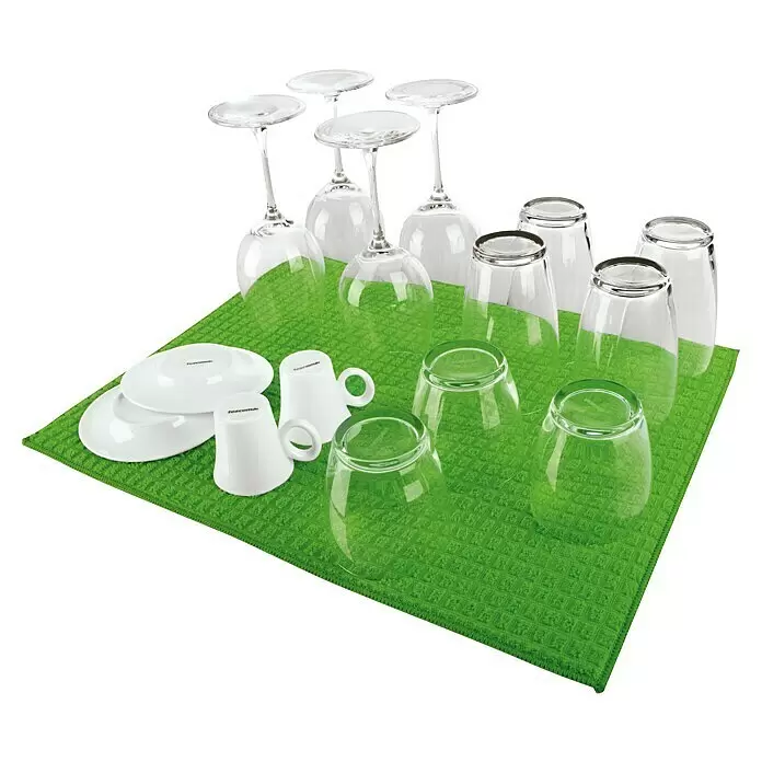 Tescoma Abtropfmatte Presto - 51 x 39 cm - Grüne Geschirrtrockenmatte mit umgedrehtem weißem Geschirr und klaren Gläsern.