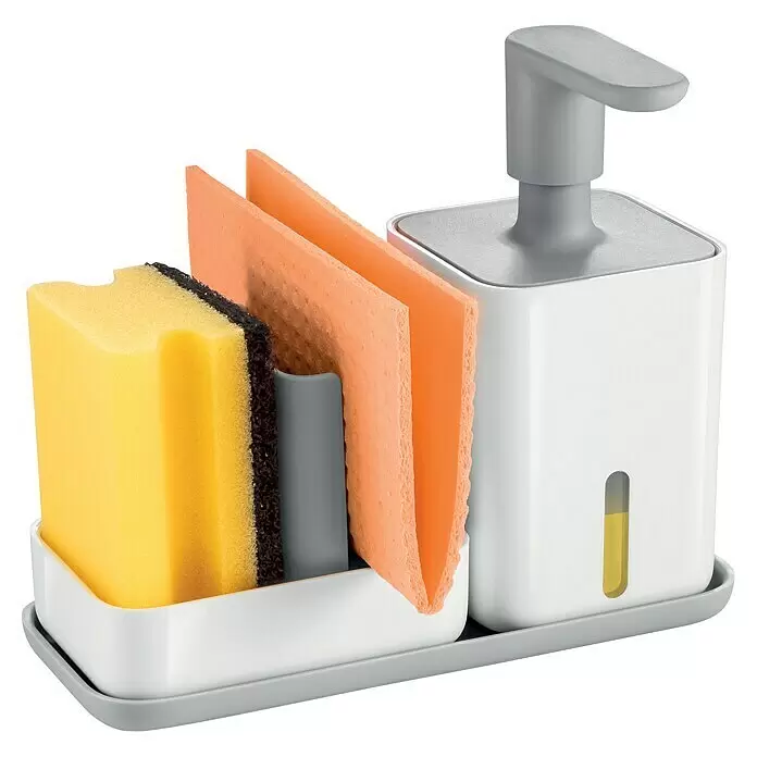 Tescoma Spenderpumpe Puro - Weiß - Weiß-grauer Spülbecken-Organizer mit Seifenspender, gelbem Schwamm und orangen Scheuerpads.