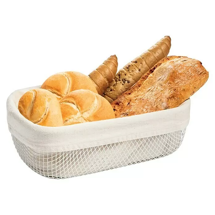 Tescoma Brotkorb Online - Weiß - Weißer Brotkorb mit Stoffeinlage, gefüllt mit verschiedenen Brotsorten: Brötchen, Körnerstangen und ein rustikales Brot.