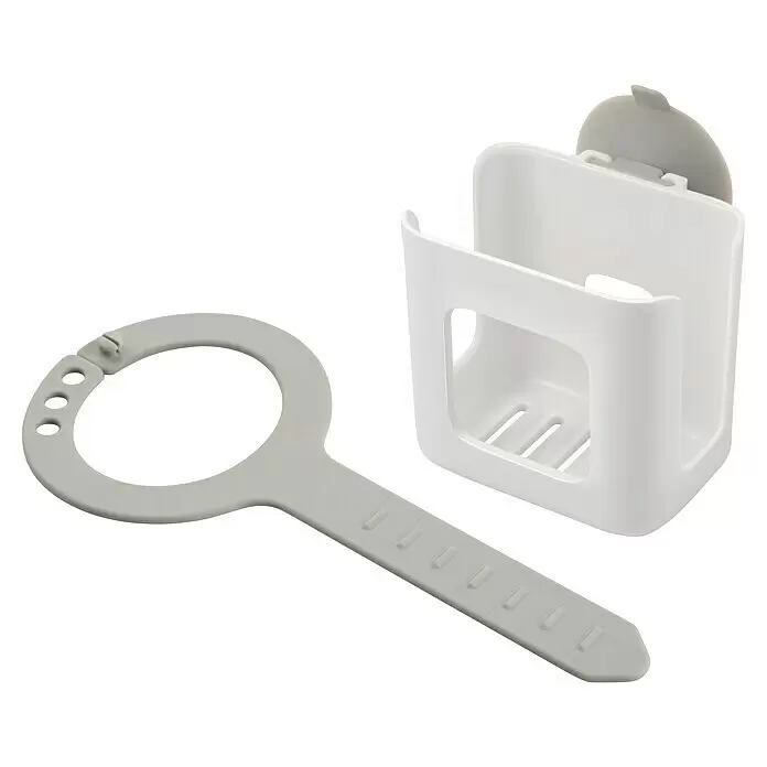 Tescoma Schwammtuchhalter Puro - Weiß - Weißer und grauer Kunststoff-Spülbecken-Organizer mit Saugnapf und ein grauer verstellbarer Wasserhahn-Halter für Schwämme.