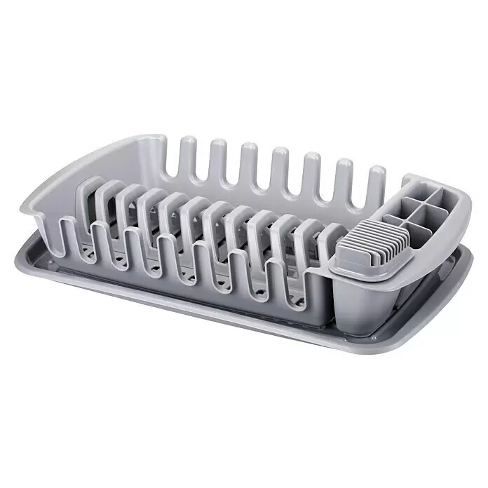 Tescoma Geschirrkorb Clean Kit - L x B x H: 47 x 27 x 10 cm, Kunststoff, Grau - Graues Geschirrtrockengestell aus Kunststoff mit Tellerfächern und abnehmbarem Besteckkorb.