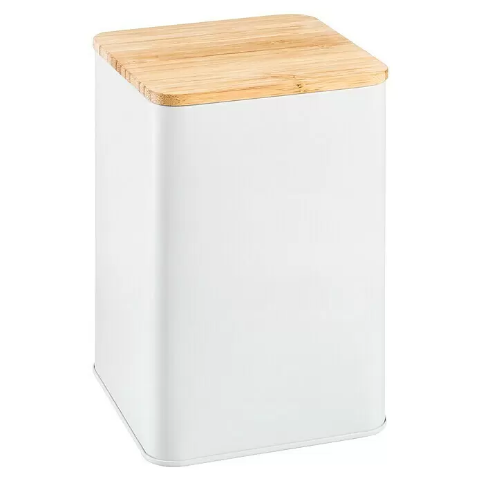 Tescoma Vorratsdosen-Set Online - L x B x H: 10 x 10 x 14,5 cm, Bambus - Weißer rechteckiger Vorratsbehälter mit einem hellen Bambusholzdeckel.