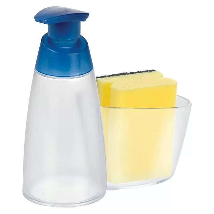 Tescoma Spenderpumpe Clean Kit - 350 ml - Durchsichtiger Spülmittelspender mit blauem Pumpspender und transparenter Halterung für zwei gelbe Schwämme.