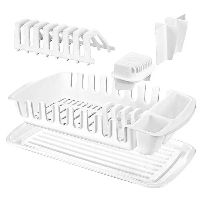 Tescoma Geschirrkorb Clean Kit - L x B x H: 47 x 27 x 10 cm, Kunststoff, Weiß - Weißes modulares Abtropfgestell aus Kunststoff mit Tablett und verschiedenen Haltern.