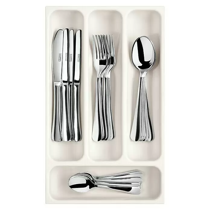 Tescoma Besteckkasten Flexi Space - 37 x 22,2 x 4,5 cm, Weiß, Anzahl Fächer: 4 Stk. - Besteckset aus poliertem Edelstahl mit Messern, Gabeln und Löffeln, ordentlich in einem weißen Schubladeneinsatz arrangiert.