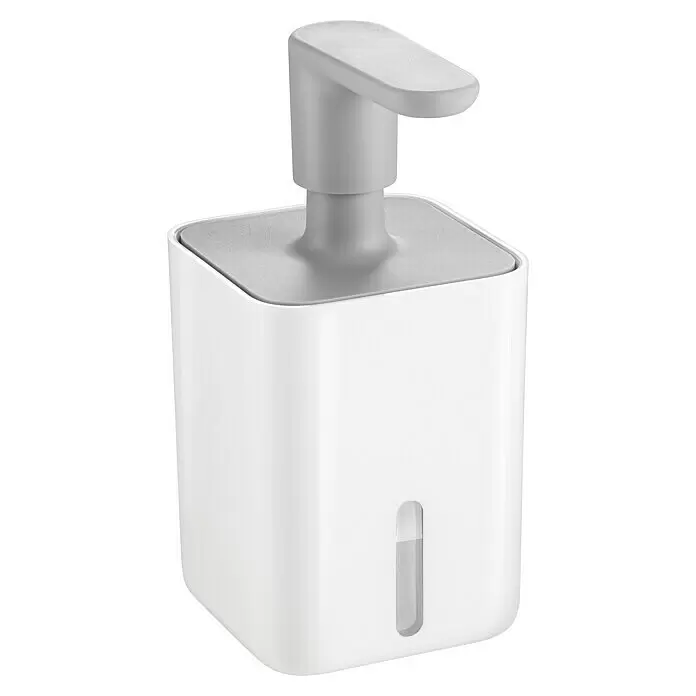 Tescoma Spenderpumpe Puro - Weiß, 400 ml - Weißer, quadratischer Seifenspender mit grauem Pumpkopf und transparentem Füllstandsfenster.