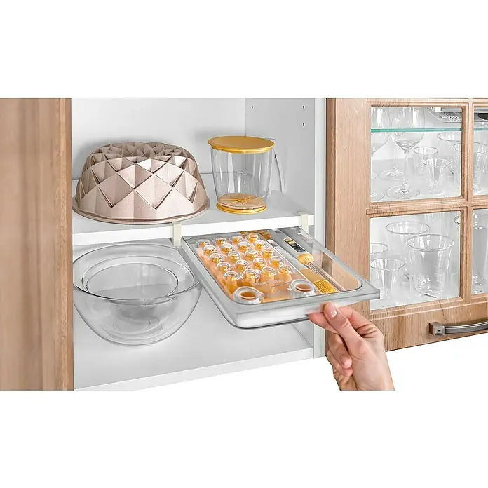 Tescoma Schublade Flexi Space - 24 x 29 cm - Innenaufnahme eines Küchenschranks mit einer ausziehbaren Schublade, die verschiedene Küchenutensilien enthält.\n