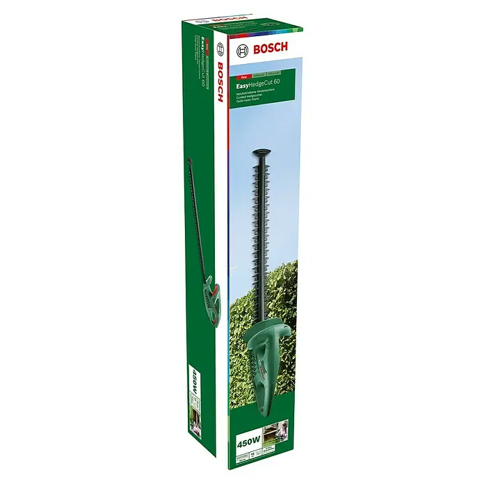 Bosch Elektro-Heckenschere EasyHedgeCut 60 - 450 W, Schnittlänge: 60 cm - Produktverpackung für die Bosch EasyHedgeCut 60 Heckenschere. Die Packung ist grün und weiß und zeigt das Produkt im Einsatz.