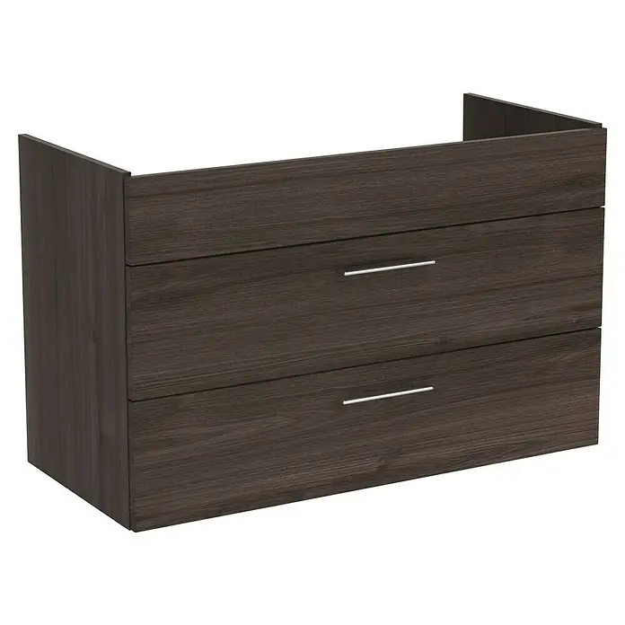 VitrA Aurinia 2.0 Waschtischunterschrank - 97 x 45 x 61 cm, Marone Trüffel - Abbildung eines Badezimmerschranks mit zwei Schubladen und schlichten silbernen Griffen im modernen Stil. Die Holzoberfläche ist dunkelgrau.