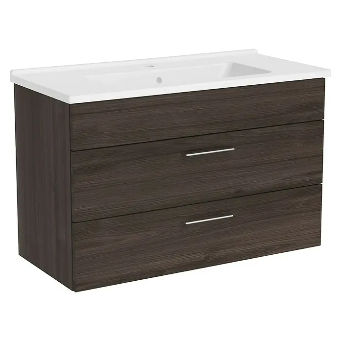 VitrA Aurinia 2.0 Waschtischunterschrank - 97 x 45 x 61 cm, Marone Trüffel - Moderner Waschbeckenunterschrank mit zwei Schubladen und einer weißen Arbeitsplatte für das Badezimmer.