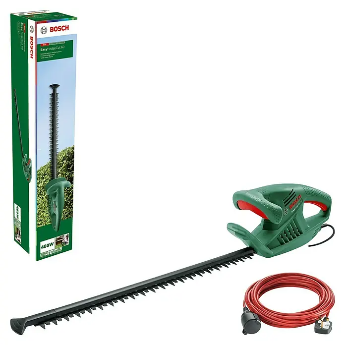 Bosch Elektro-Heckenschere EasyHedgeCut 60 - 450 W, Schnittlänge: 60 cm - Das Bild zeigt eine Bosch EasyHedgeCut 60 Heckenschere, inklusive Verpackung und Kabel. Ideal für präzise Gartenarbeit.