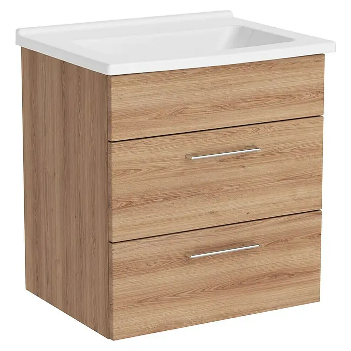 VitrA Aurinia 2.0 Waschtischunterschrank - 57 x 45 x 61 cm, Natural Oak - Ein stilvoller Waschtischunterschrank mit zwei Schubladen und einem weißen Waschbeckenaufsatz. Das Holzdekor sorgt für eine warme Atmosphäre.
