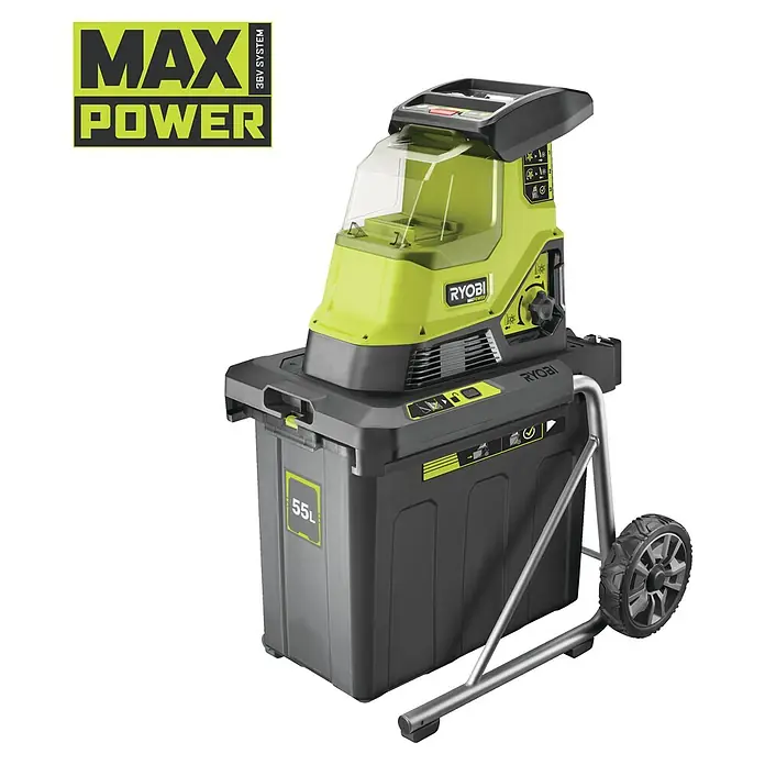 Ryobi Max Power Akku-Häcksler RY36SHX40-0 - Max. Aststärke: 4 cm - Der Ryobi MAX POWER 36V Akku-Häcksler mit 55L Fangbox für müheloses Zerkleinern von Gartenabfällen. Ideal für jeden Garten.