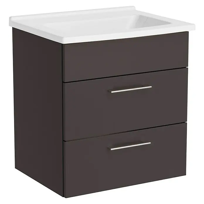 VitrA Aurinia 2.0 Waschtischunterschrank - 57 x 45 x 61 cm, Anthrazit - Ein Badezimmerschrank mit drei Schubladen und einem weißen Waschbeckenaufsatz. Das Möbelstück hat eine moderne Optik und bietet viel Stauraum.