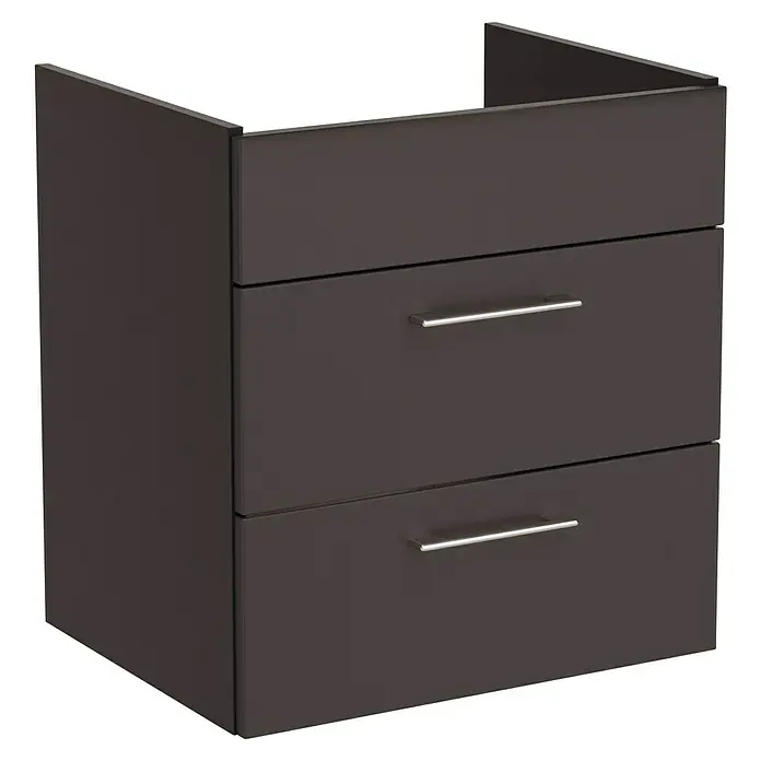 VitrA Aurinia 2.0 Waschtischunterschrank - 57 x 45 x 61 cm, Anthrazit - Dunkelbrauner Badezimmerschrank mit drei Schubladen und silbernen Griffen.