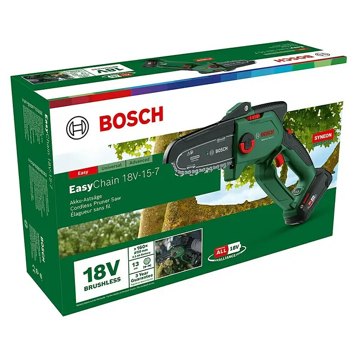 Bosch Power for All 18V Akku-Kettensäge EasyChain 18V-15-7 - 18 V, Li-Ionen, 1 Akku, Schwertlänge: 15 cm - Abbildung einer Verpackung der Bosch EasyChain 18V-15-7 Akku-Astsäge, die das Produkt und seine wichtigsten Merkmale hervorhebt.