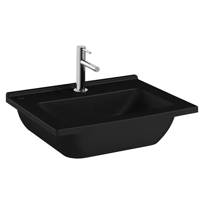 VitrA Aurinia 2.0 Einbauwaschbecken - 60 x 46,5 cm, Hahnloch: Mitte, Mit Überlauf, Schwarz - Schwarzes Waschbecken mit modernem Chromhahn. Elegantes Design für Badezimmer, das Funktionalität und Ästhetik vereint.