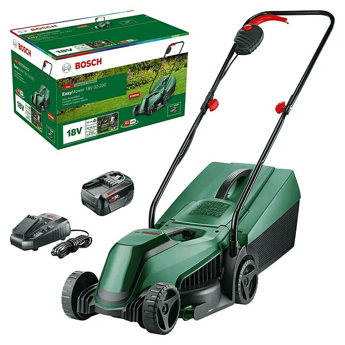 Bosch Power for All 18V Akku-Rasenmäher EasyMower 18V-32-150 - 18 V, 1 Akku, 3 Ah, Schnittbreite: 32 cm - Das Bild zeigt einen grünen Bosch EasyMower 18V-32-200 Akku-Rasenmäher, komplett mit Akku, Ladegerät und der Produktverpackung.