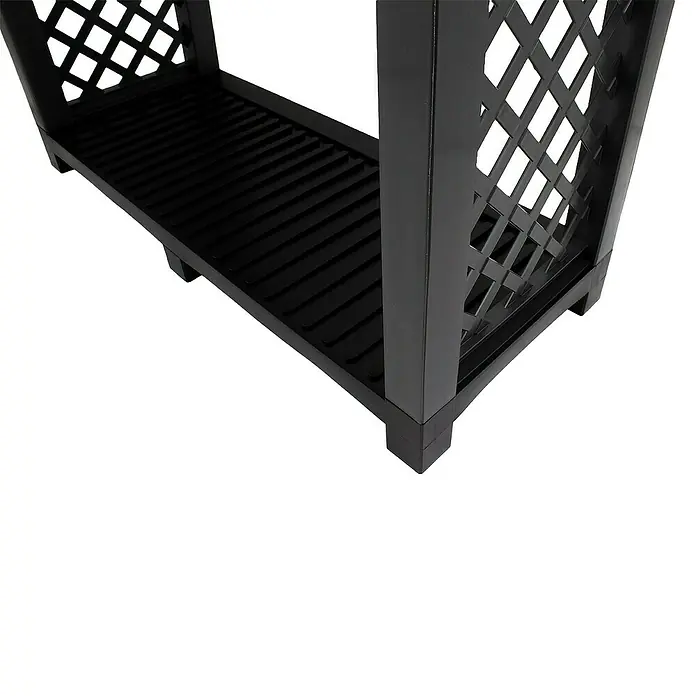 KHW Kaminholzregal - 114 x 47 x 102 cm, Kunststoff, Anthrazit - Detailansicht eines schwarzen Pflanzenständers mit Gittermuster und Ablagefläche, ideal für den Innen- und Außenbereich.
