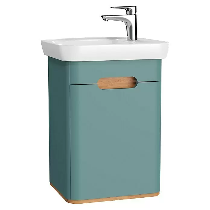 VitrA Sento Badmöbel-Set - Gesamtbreite Badmöbel: 50 cm, Fjordgrün, Matt, DIN Anschlag: Links - Moderner blau-grauer Waschtischunterschrank mit weißem Keramikbecken, Chromarmatur und Akzenten aus Naturholz.