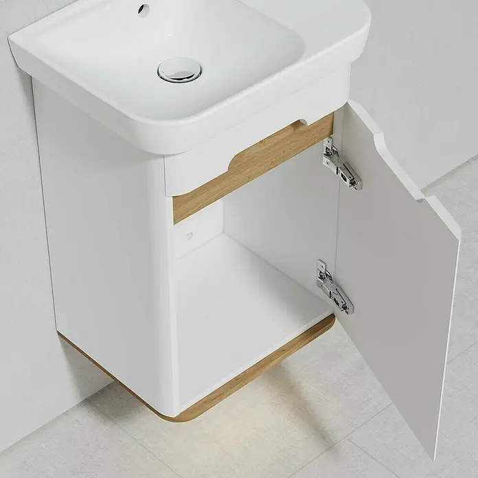 VitrA Sento Badmöbel-Set - Gesamtbreite Badmöbel: 50 cm, Weiß, Matt, DIN Anschlag: Rechts - Weißer Waschbeckenunterschrank mit offen stehender Tür, Holzdetails und moderner Optik für stilvolle Badezimmergestaltung.