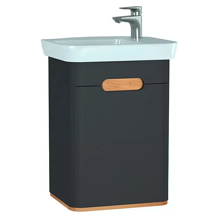 VitrA Sento Badmöbel-Set - Gesamtbreite Badmöbel: 50 cm, Anthrazit, Matt, DIN Anschlag: Rechts - Dunkelgrauer Badschrank mit weißem Waschbecken, Chromarmatur, Griff und Sockel aus Naturholz.