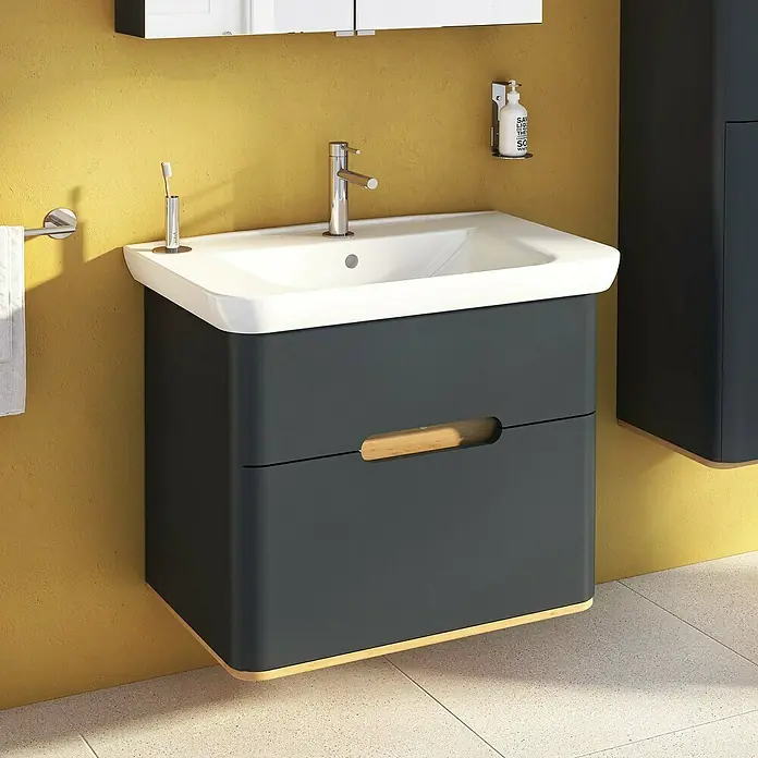 VitrA Sento Badmöbel-Set - 80 cm, Anthrazit, 2 Schubladen, Mit Wäschekorb - Modernes Badezimmer-Waschbecken mit Unterschrank in Grau und Holzdetails. Ein stilvolles Möbelstück für jedes Badezimmer.
