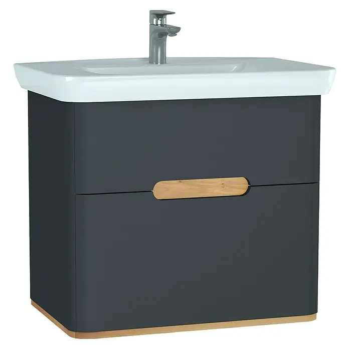 VitrA Sento Badmöbel-Set - 80 cm, Anthrazit, 2 Schubladen, Mit Wäschekorb - Moderner Waschbeckenunterschrank in Anthrazit mit hellem Holzgriff und -sockel, stilvoll und funktional für jedes Badezimmer.