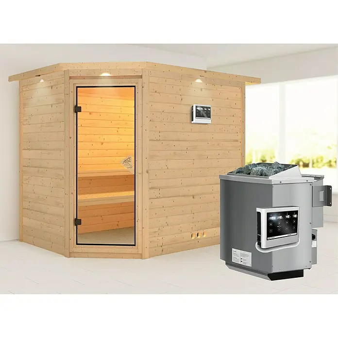 Karibu Massivholzsauna Tanami - Mit 9 kW Bio-Ofen mit externer Steuerung, Mit Dachkranz und Beleuchtung, L x B x H: 259 x 210 x 192 cm - Einblick in eine moderne Sauna mit Holzausstattung und einem leistungsstarken Saunaofen mit digitaler Steuerung für ein entspannendes Erlebnis.