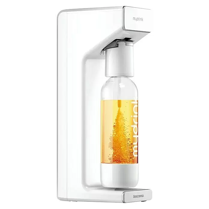 Tescoma Wassersprudler my Drink - Weiß - Weißer 'mydrink' Sprudelbereiter mit einer klaren Flasche voller orangefarbener, sprudelnder Flüssigkeit. Am Boden ist 'tescoma' zu sehen.