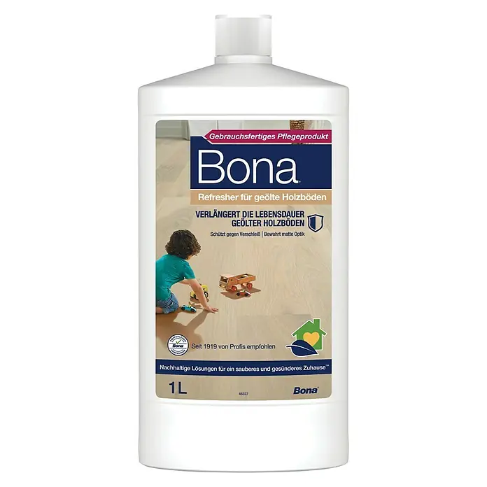 Bona Öl-Refresher für geölte Holzböden - 1 l, Geeignet für: Geöltes Parkett - Abbildung einer Flasche Bona Refresher für geölte Holzböden. Das Produkt verlängert die Lebensdauer und schützt vor Verschleiß.