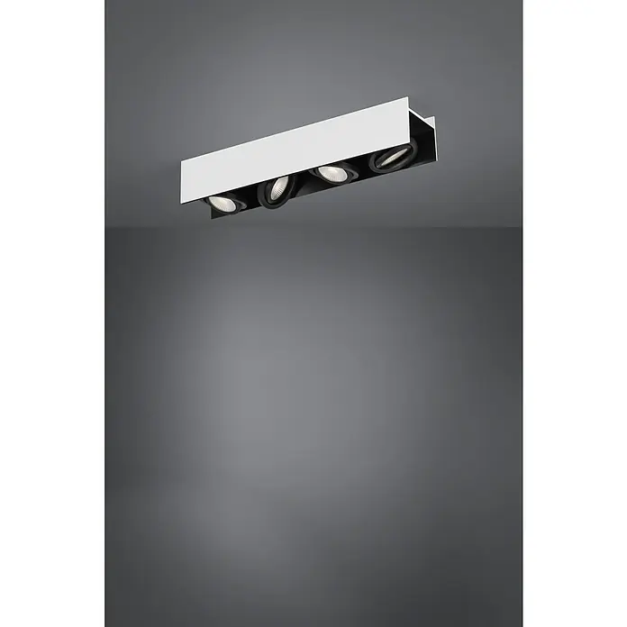 Eglo LED-Deckenleuchte Vidago - 21,6 W, L x B x H: 62 x 13 x 11 cm, Weiß, Warmweiß - Diese Aufnahme zeigt eine moderne, weiße Deckenleuchte mit vier Strahlern, die ein helles, gerichtetes Licht in den Raum wirft.