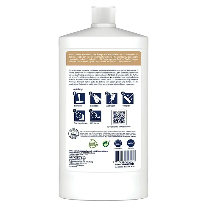 Bona Öl-Refresher für geölte Holzböden - 1 l, Geeignet für: Geöltes Parkett - Rückseite der Bona Holzbodenerneuerung. Anleitung zur Anwendung und weitere Produktinformationen auf der Rückseite.