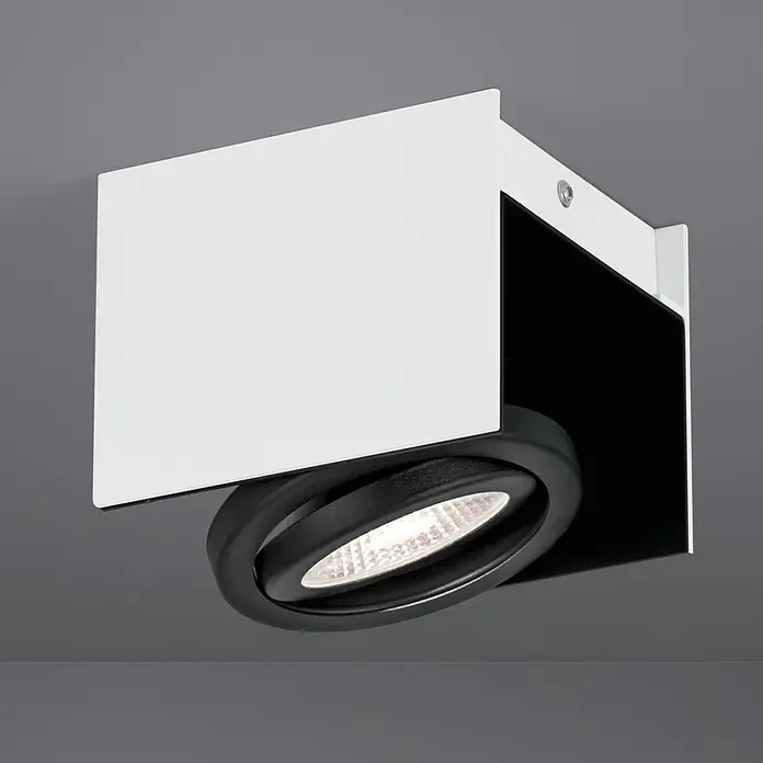 Eglo LED-Deckenstrahler Vidago - L x B x H: 14 x 13 x 11 cm, Schwarz, Weiß, 1 Stk. - Nahaufnahme einer modernen, schwenkbaren Deckenleuchte mit weißem Gehäuse und schwarzem, drehbarem Spot, die ein helles, gerichtetes Licht spendet.