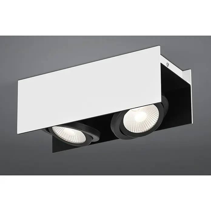 Eglo LED-Deckenstrahler Vidago - L x B x H: 31 x 13 x 11 cm, Schwarz, Weiß, 2 Stk. - Nahaufnahme einer modernen, schwarzen und weißen Doppel-Deckenleuchte mit LED-Spotlights, die ein helles, gerichtetes Licht spenden.