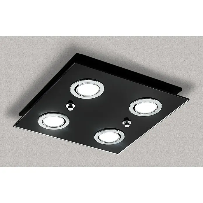 Eglo LED-Deckenleuchte - 12 W, Schwarz - Moderne Deckenleuchte mit schwarzer Glasplatte und vier eingelassenen Strahlern mit chromfarbenen Rändern für eine stilvolle Beleuchtung.