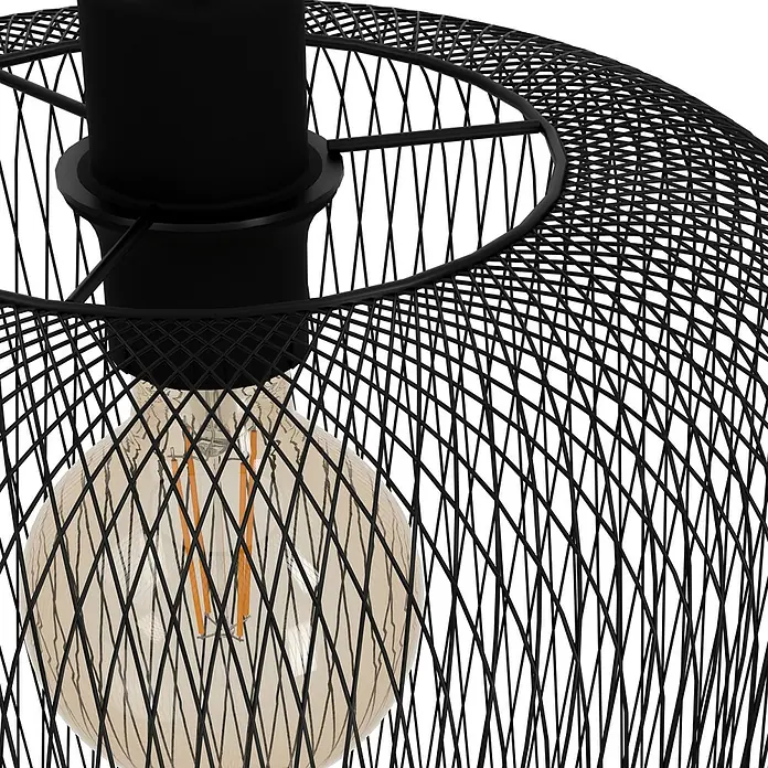 Eglo Wrington Pendelleuchte - 60 W, Schwarz, 300 mm - Nahaufnahme einer schwarzen Drahtgitter-Hängeleuchte mit einer Edison-Glühbirne, die ein modernes und industrielles Design zeigt.