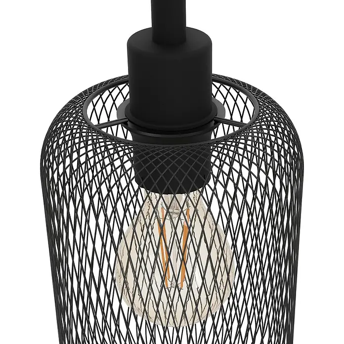 Eglo Wrington Pendelleuchte - 60 W, L x B x H: 74 x 15 x 11 cm, Schwarz, E27 - Nahaufnahme einer modernen schwarzen Drahtkäfig-Pendelleuchte mit einer Edison-Glühbirne, die ein stilvolles und industrielles Flair verleiht.
