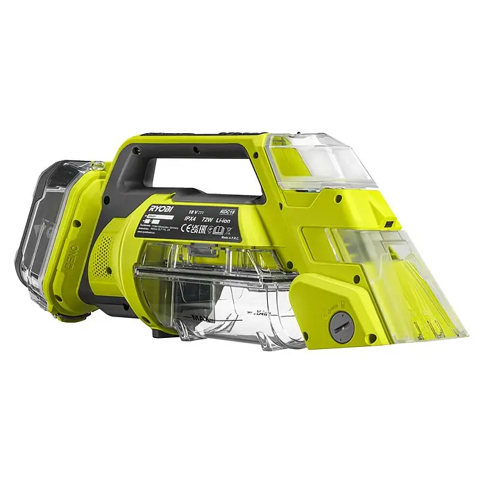 Ryobi ONE+ Akku-Nass-Trockensauger RDC18-0 - 18 V, Ohne Akku, Behältervolumen: 200 l - Ein gelb-grauer Ryobi RDC18 Akku-Fleckenreiniger mit transparenten Tanks. Kompaktes und tragbares Design für die Reinigung von Teppichen und Polstern.