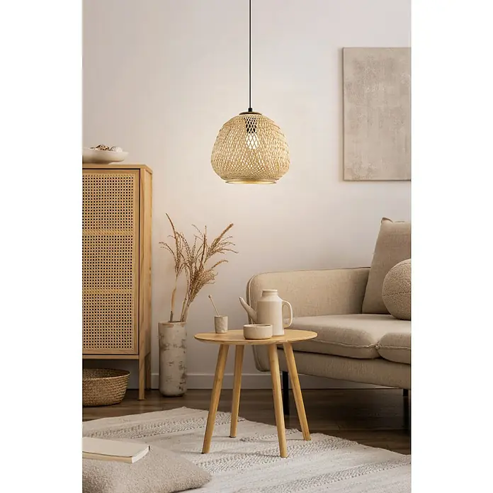 Eglo Dembleby Pendelleuchte - Höhe: 110 cm, Natur, Schwarz - Elegante Pendelleuchte mit einem Lampenschirm aus natürlichem Rattan, der eine warme und einladende Atmosphäre schafft.