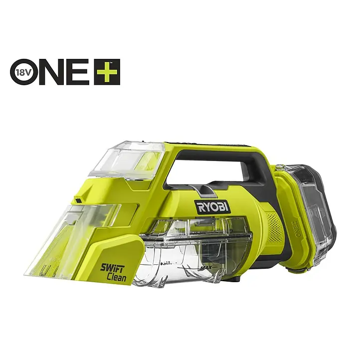 Ryobi ONE+ Akku-Nass-Trockensauger RDC18-0 - 18 V, Ohne Akku, Behältervolumen: 200 l - Akkubetriebener RYOBI ONE+ Swift Clean Teppichreiniger in Gelb und Schwarz mit transparenten Behältern, ideal für die schnelle Reinigung.