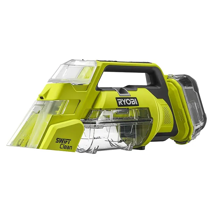 Ryobi ONE+ Akku-Nass-Trockensauger RDC18-0 - 18 V, Ohne Akku, Behältervolumen: 200 l - Das Bild zeigt einen gelben Ryobi Swift Clean Akku-Fleckenreiniger, ein tragbares Gerät zur Reinigung von Polstern und Teppichen.