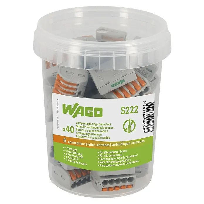 Wago Conector rápido - 400 V, 32 A, 40 ud., 5 entradas - Envase de conectores de empalme compactos WAGO S222. Estos conectores son aptos para todo tipo de conductores, asegurando conexiones eléctricas rápidas y seguras.
