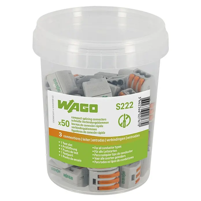 Wago Conector rápido - 400 V, 32 A, 50 ud., 3 entradas - Envase de conectores de empalme WAGO S222, ideales para instalaciones eléctricas rápidas y seguras.